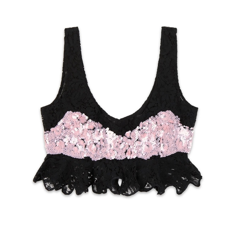 NWT Cynthia Rowley The Cosmo Sequin Top
Light pink sequin with black lace - Picture 5 of 5